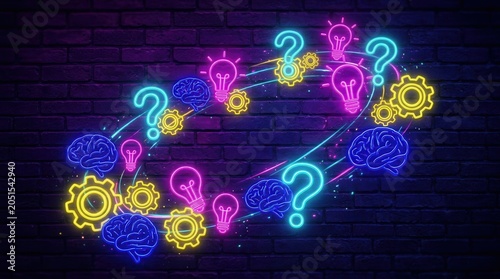 Neon question marks and lightbulb idea symbols for a pub quiz competition atmosphere.