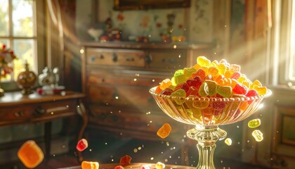 Assorted colorful fruit gummy candies cascading from a vintage crystal dish, catching dazzling sunlight beams in a nostalgic setting