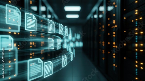 Digital data flow and information security concept with holographic document icons in a modern server room.