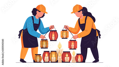 Schilderij op canvas Festival Lanterns: Two individuals in festive attire meticulously arrange a collection of glowing lanterns and candles, preparing for a vibrant cultural celebration