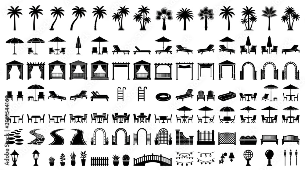 Naklejka premium Resort Outdoor Landscape Silhouette Bundle – Palm Tree, Sun Lounger, Gazebo, Pergola & Pool Design Elements 