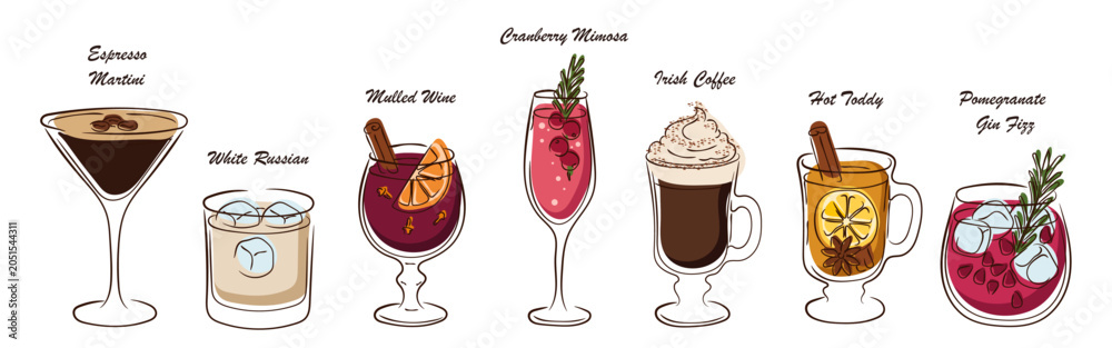 Fototapeta premium Cozy autumn winter cocktail vector set with espresso martini, white russian, mulled wine, cranberry mimosa, irish coffee, hot toddy and pomegranate gin fizz. Isolated on white.