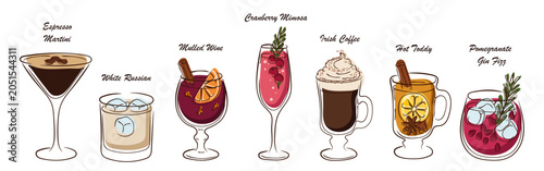 Quadro su tela Cozy autumn winter cocktail vector set with espresso martini, white russian, mulled wine, cranberry mimosa, irish coffee, hot toddy and pomegranate gin fizz