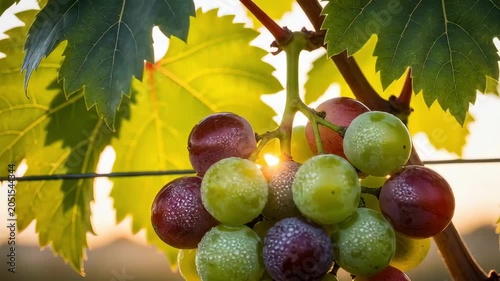 Sunlit dewy grape bunch on a vine at sunrise in a vineyard closeup of ripe green and purple fruit with morning dew on leaves