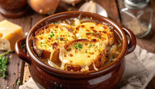 Delicious French onion soup bowl.
