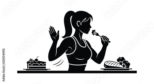 Konstfotografi woman contemplating food choices with cake and vegetables black silhouette