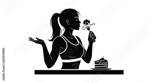 Foto woman with ponytail eating chicken and cake on table black silhouette