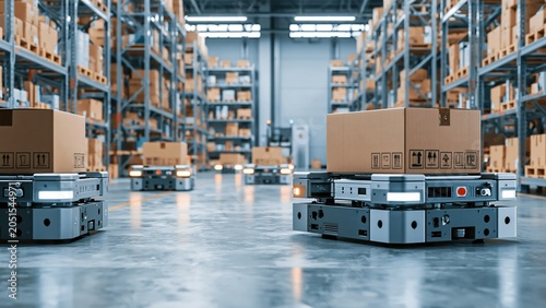 Autonomous warehouse robots transporting boxes in modern logistics