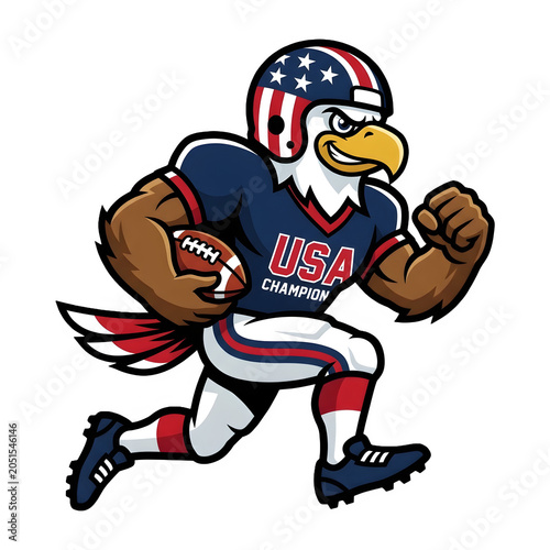 Cartoon football player holding ball in blue and white uniform with helmet isolated on transparent background