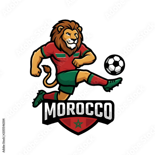 Cartoon mascot lion wearing Morocco soccer jersey holding ball isolated on transparent background