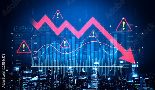 Canvastavla Economic caution visualized with fluctuating market graph, alert symbols, and negative data trends