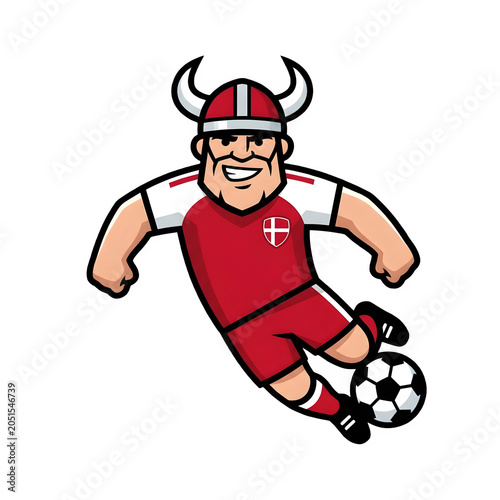 Cartoon devil soccer player kicking ball in red jersey with horns isolated on transparent background