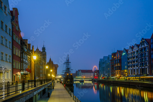 Panoramic view from Granary Island of the Old Town of Gdańsk, Poland.