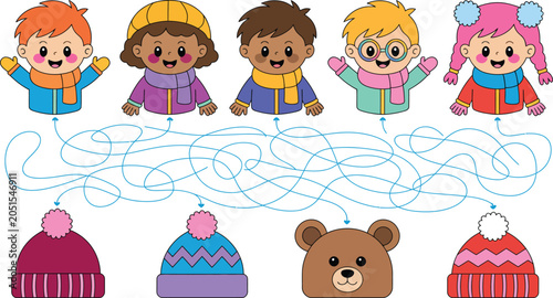 Cute children winter maze game for kids with colorful hats and winter clothes vector illustration