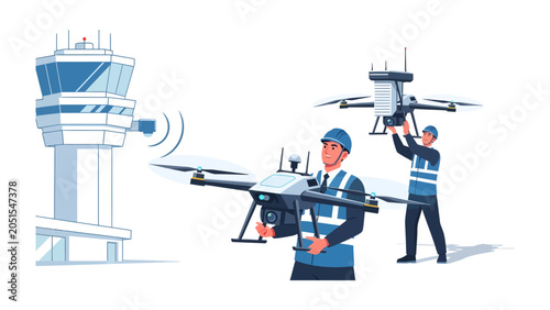 Photos Drone Operations at Airport: Two technicians prepare a drone for flight near an airport control tower, highlighting the integration of unmanned aerial vehicles in modern aviation operations