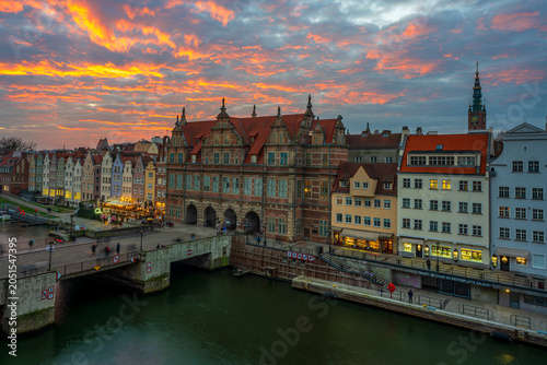 Panoramic view from Granary Island of the Old Town of Gdańsk, Poland.