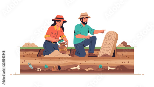 Foto Archaeological Dig: Two archaeologists carefully excavate a historical site, uncovering ancient artifacts and revealing layers of history buried beneath the surface