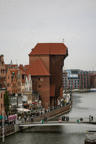 Panoramic view from Granary Island of the Old Town of Gdańsk, Poland.