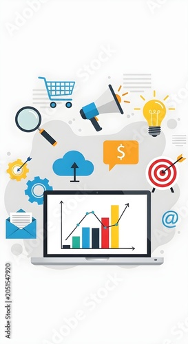 Business concepts icons surround laptop with graph