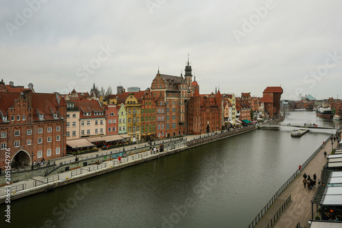 Panoramic view from Granary Island of the Old Town of Gdańsk, Poland.