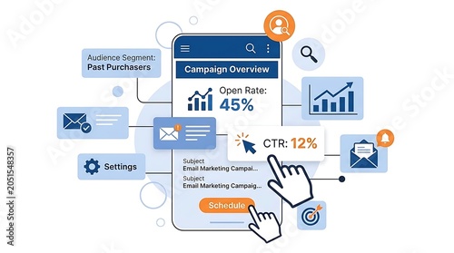 Email marketing campaign overview on a mobile device screen with statistics