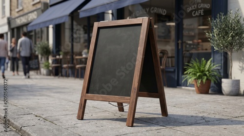 Empty wooden A-frame chalkboard sign on a city sidewalk in front of a cafe.