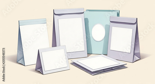 Set of pastel paper bags and folded envelopes with blank labels, mockup