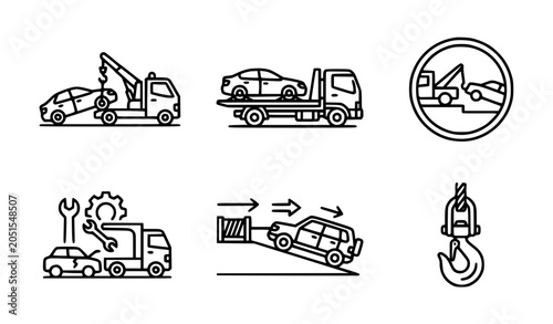 Tow Truck and Car Towing Line Art Vector Icon Set with Vehicle Recovery and Evacuation Signs

