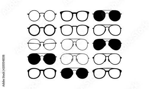 Different styles of eyeglasses and mustaches line art and silhouette icon set