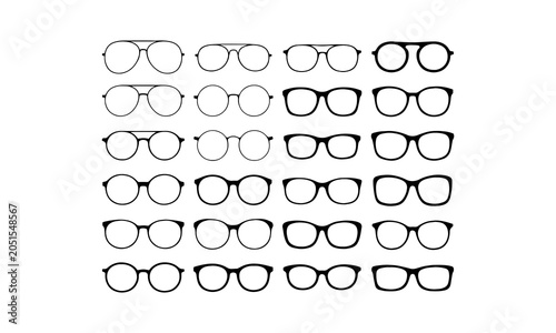 Different styles of eyeglasses and mustaches line art and silhouette icon set