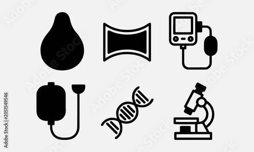 Hematology flat line icons set. Blood cell, vessel, sphygmomanometer, dna test, biochemical microscope vector illustrations