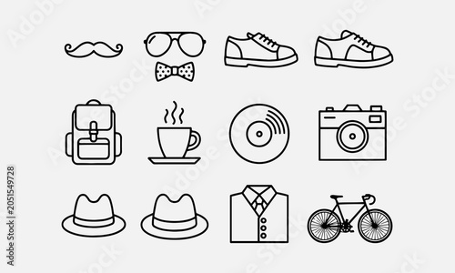 Hipster Style Flat Line Stroke Icon Pictogram Symbol Illustration. Mustache, Sunglasses, Sneaker, Bow Tie, Backpack, Coffee2
