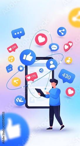 Man interacting with social media icons on smartphone screen