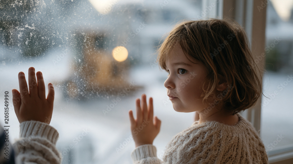 Naklejka premium Young child pressing both palms against a frost-covered window watching first snowfall, forehead touching the glass, breath visible as condensation, a snowplow moving slowly along