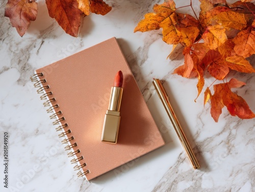 A chic golden lipstick and pen rest on a textured peach notebook, surrounded by vibrant orange fall leaves on a white marble backdrop, evoking autumn elegance.