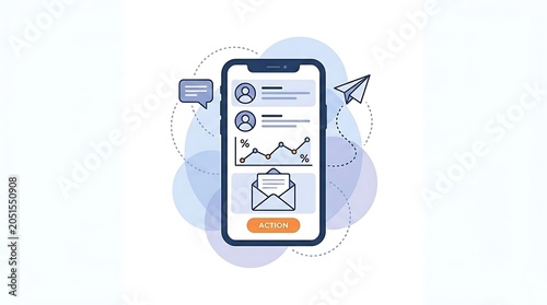 Smartphone with app icons and graphs on screen with action button