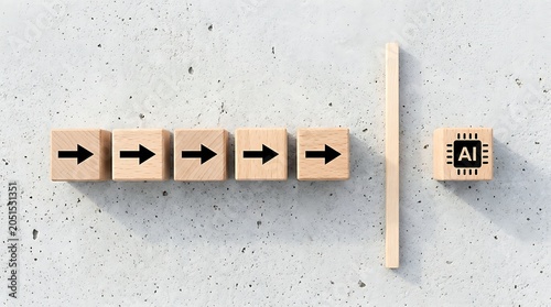 Wooden blocks with arrows pointing towards a barrier and an ai chip block, concept of artificial intelligence transition