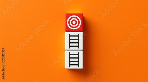 Blocks with ladder and target icons on orange background concept of career growth, success, and goal setting