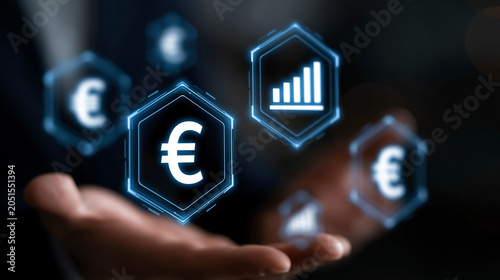floating holographic icons representing broadband comparison steps with euro savings highlights
