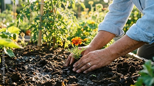 Closeup of gardener hands planting a marigold flower in rich dark soil in a garden bed