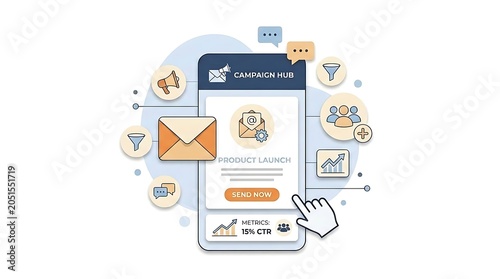A campaign hub on a mobile device with icons for product launch metrics