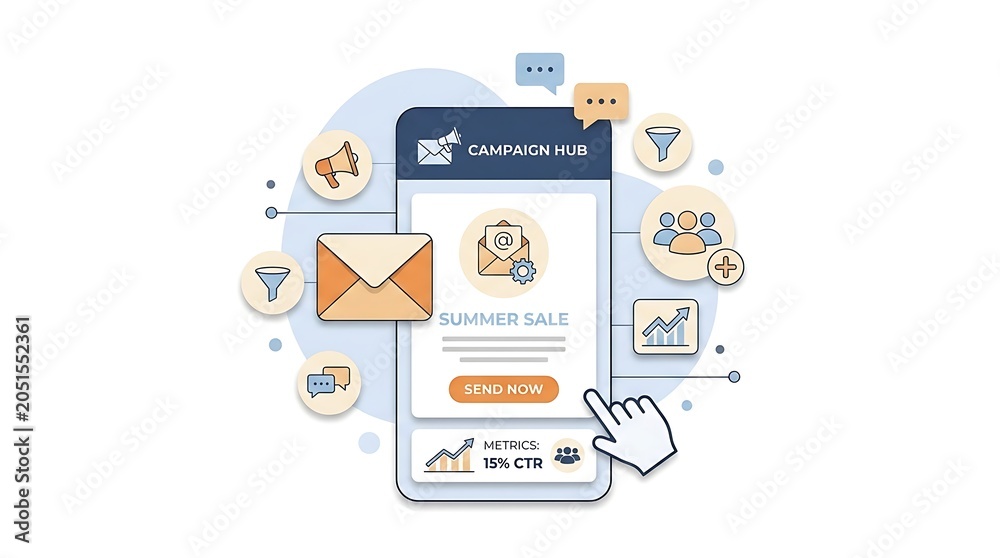 Fototapeta premium A campaign hub on a smartphone with various marketing icons around it