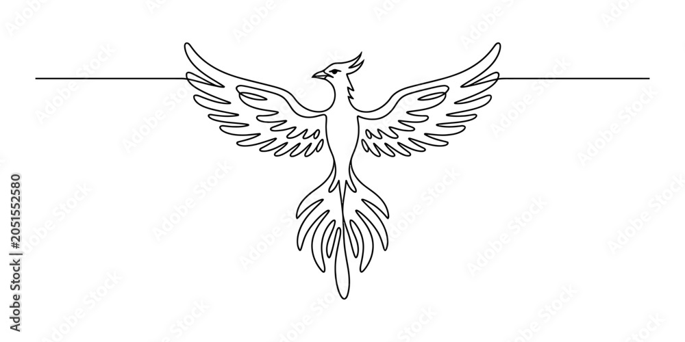 Obraz premium Phoenix bird continuous line drawing of a mythical creature with large spread wings flying in a simple minimalist style for a modern logo or icon design Vector, illustration