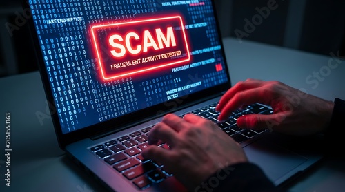 Scam and fraudulent activity detected warning message on laptop screen with hands typing on keyboard, cyber security concept