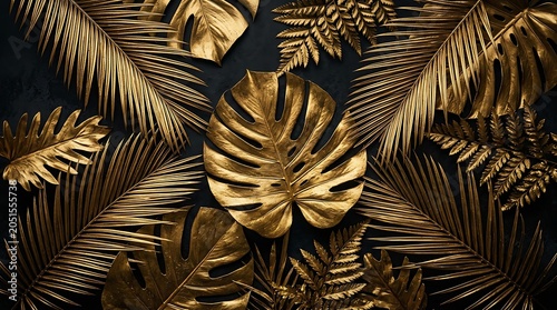 Luxury Gold Tropical Foliage Pattern On Black Background Asset