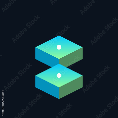 Two stacked isometric data blocks with blue and green gradients over a dark minimalist illustration