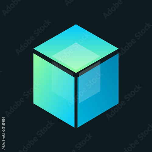 Foto A minimalist blue and green gradient isometric glass cube icon floating on a dar