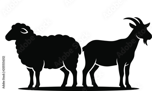 Sheep and goat silhouette standing together with silhouette livestock isolated