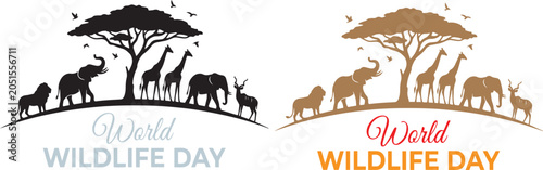 Photography World Wildlife Day Vector Illustration with African Wildlife Silhouettes and Con