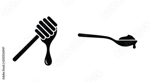 Tableau sur toile Fork and spoon with honey drop black and white silhouette cutlery flatware dripp